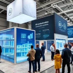 Inspur exhibition booth displaying AI-enabled construction technologies with modular units, digital BIM displays and visitors at a trade summit
