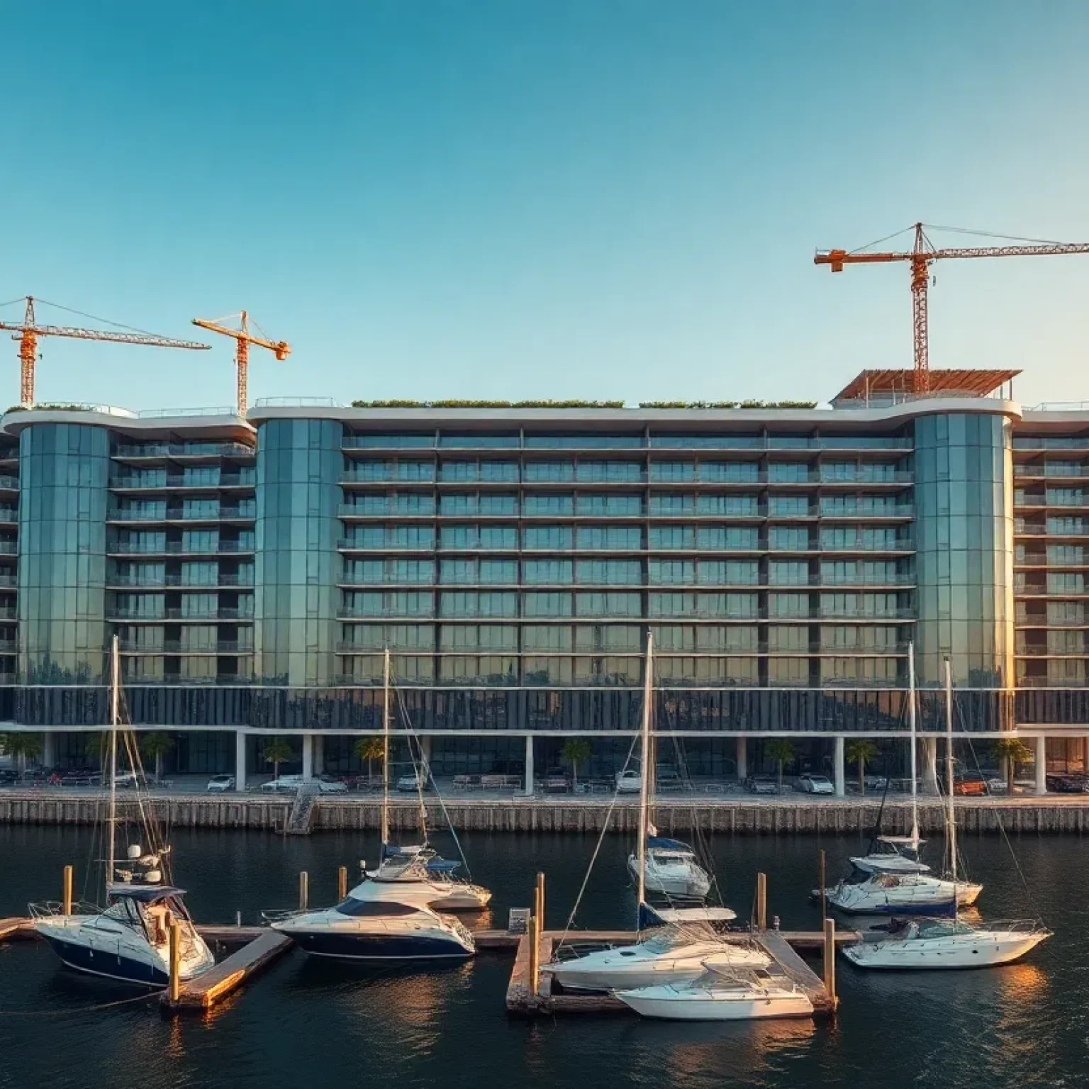 Eight-story luxury condominium under construction on the waterfront with cranes and boats at private marina