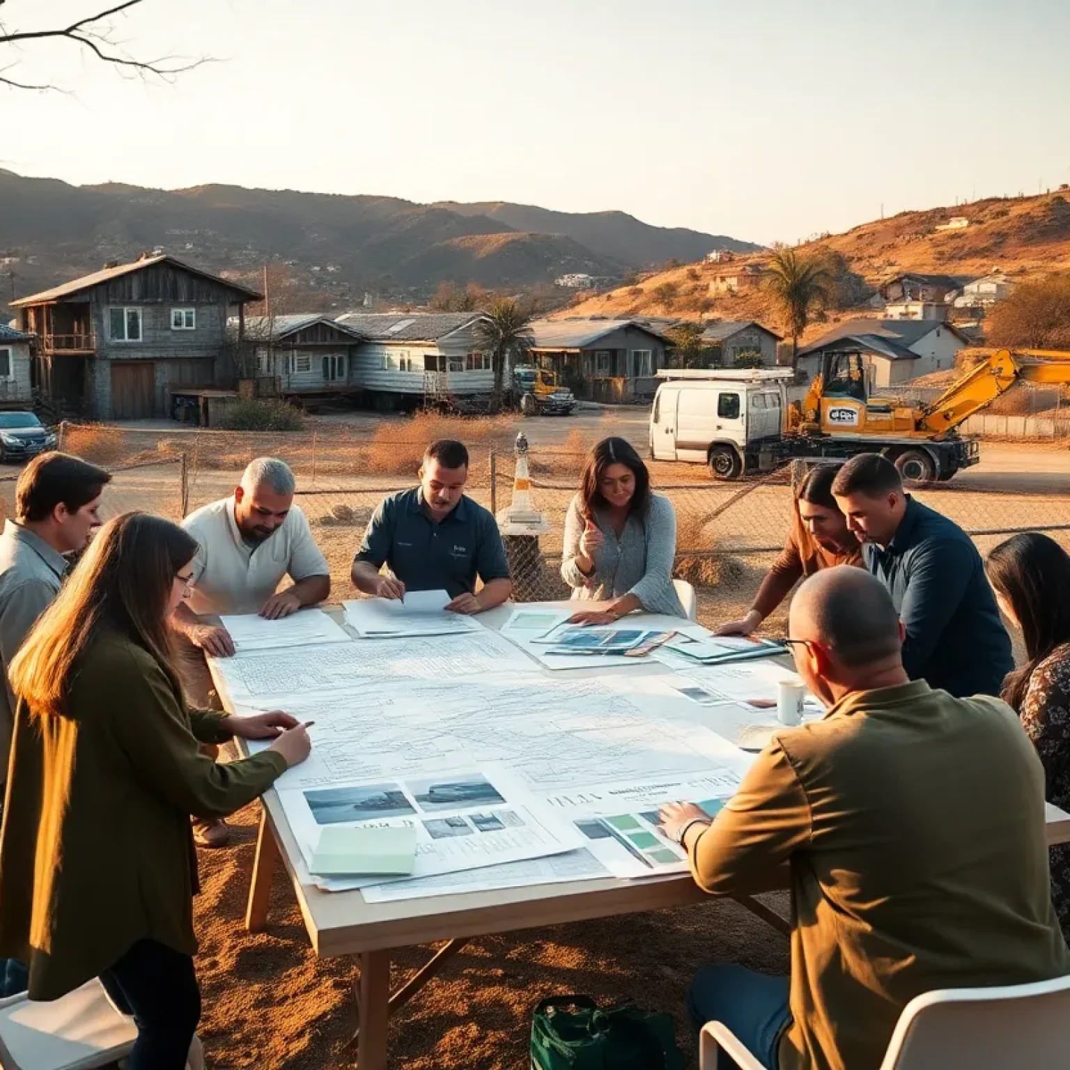 Group of architects and designers reviewing blueprints near a fire-damaged Los Angeles neighborhood with charred hills and construction equipment in the background