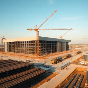 Aerial view of a port construction site with a large logistics building and water treatment tanks