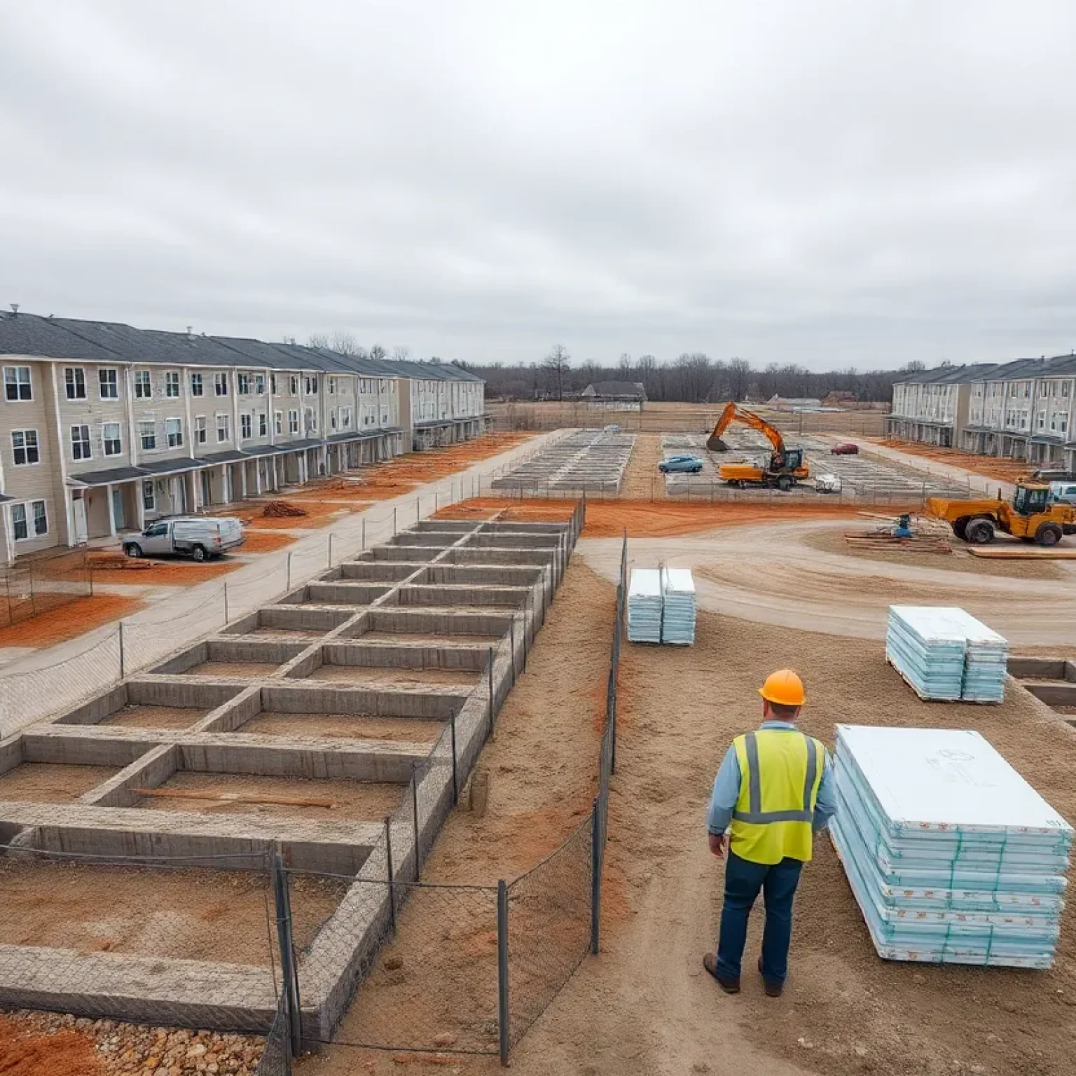 Construction site with foundations and equipment for a planned 48-unit housing development near a township building.