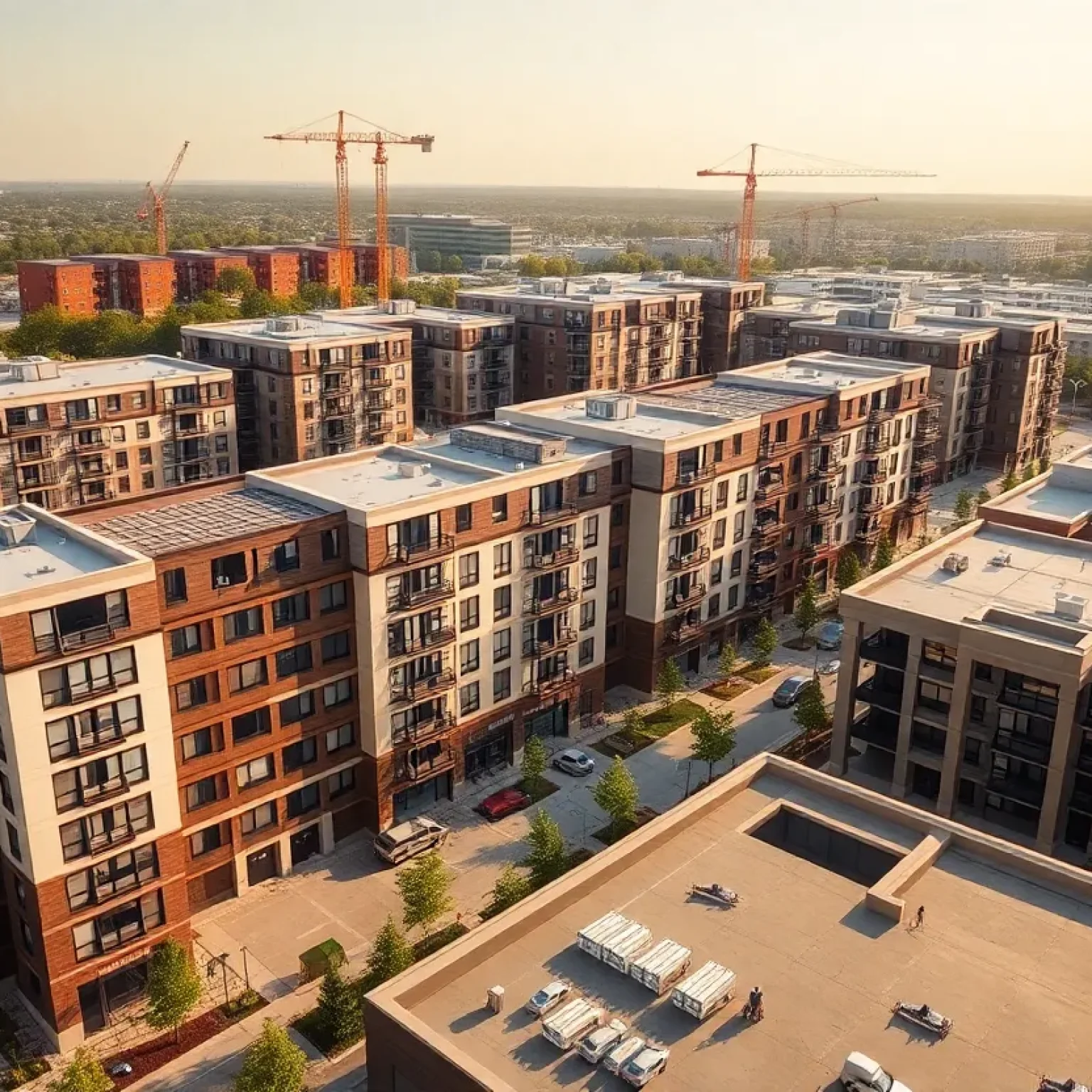 Aerial view of mixed-use multifamily development with retail storefronts, courtyards and rooftop amenities