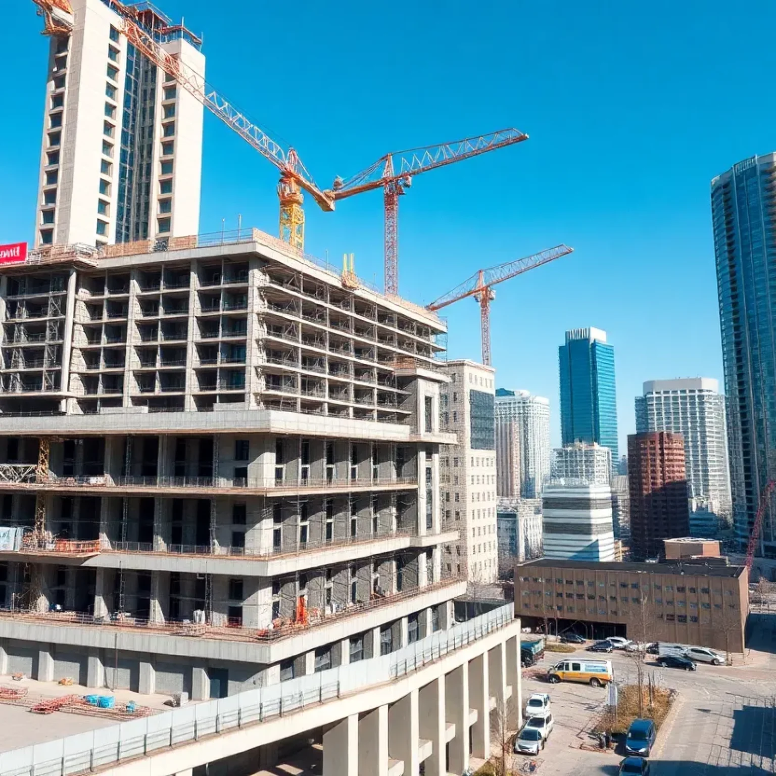 Construction site of a dual-branded mid-rise hotel near a corporate campus in Nashville's East Bank