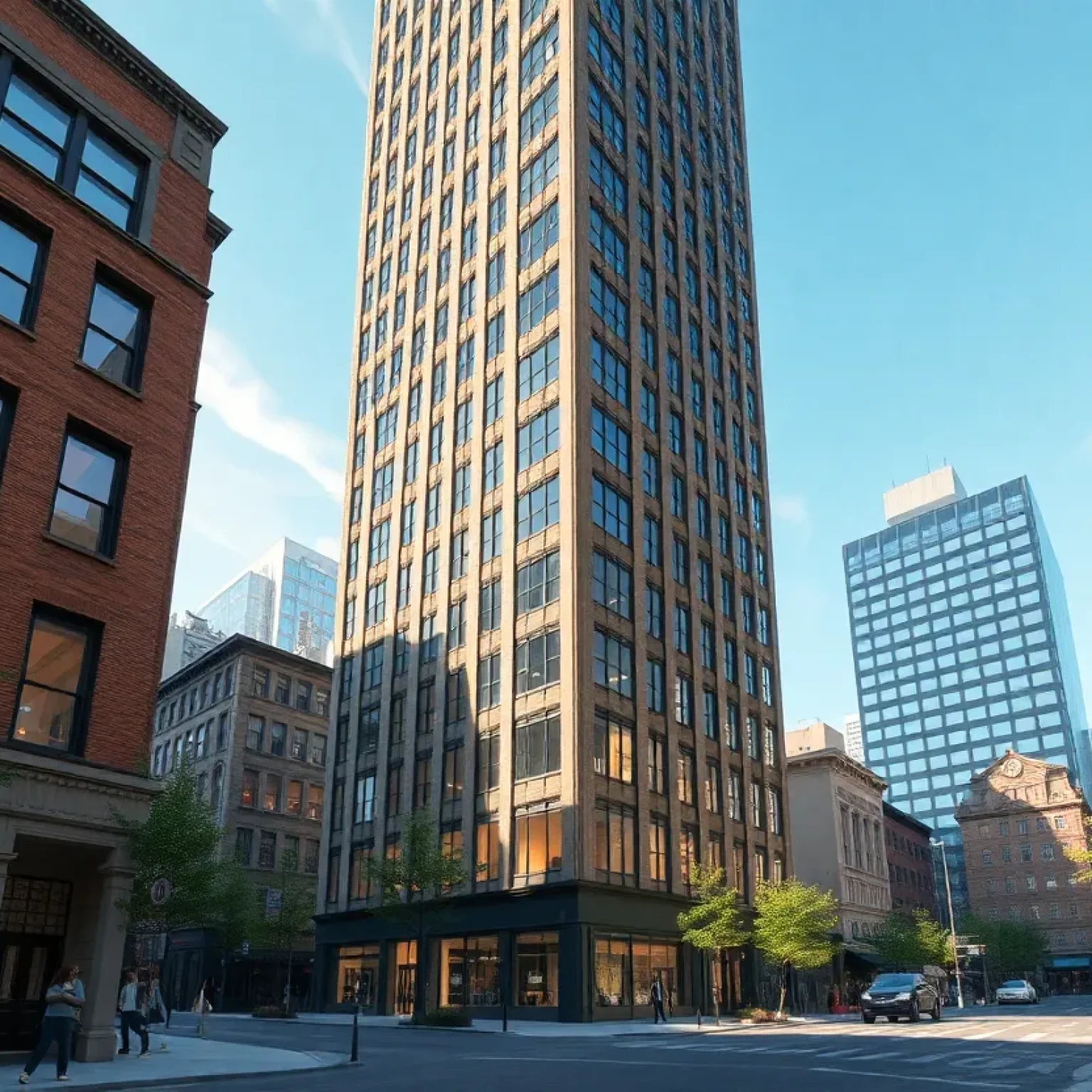 Rendering of a tall Passive House mixed-use tower behind two preserved 19th-century façades in Downtown Brooklyn with an elevated office podium and street-level retail.