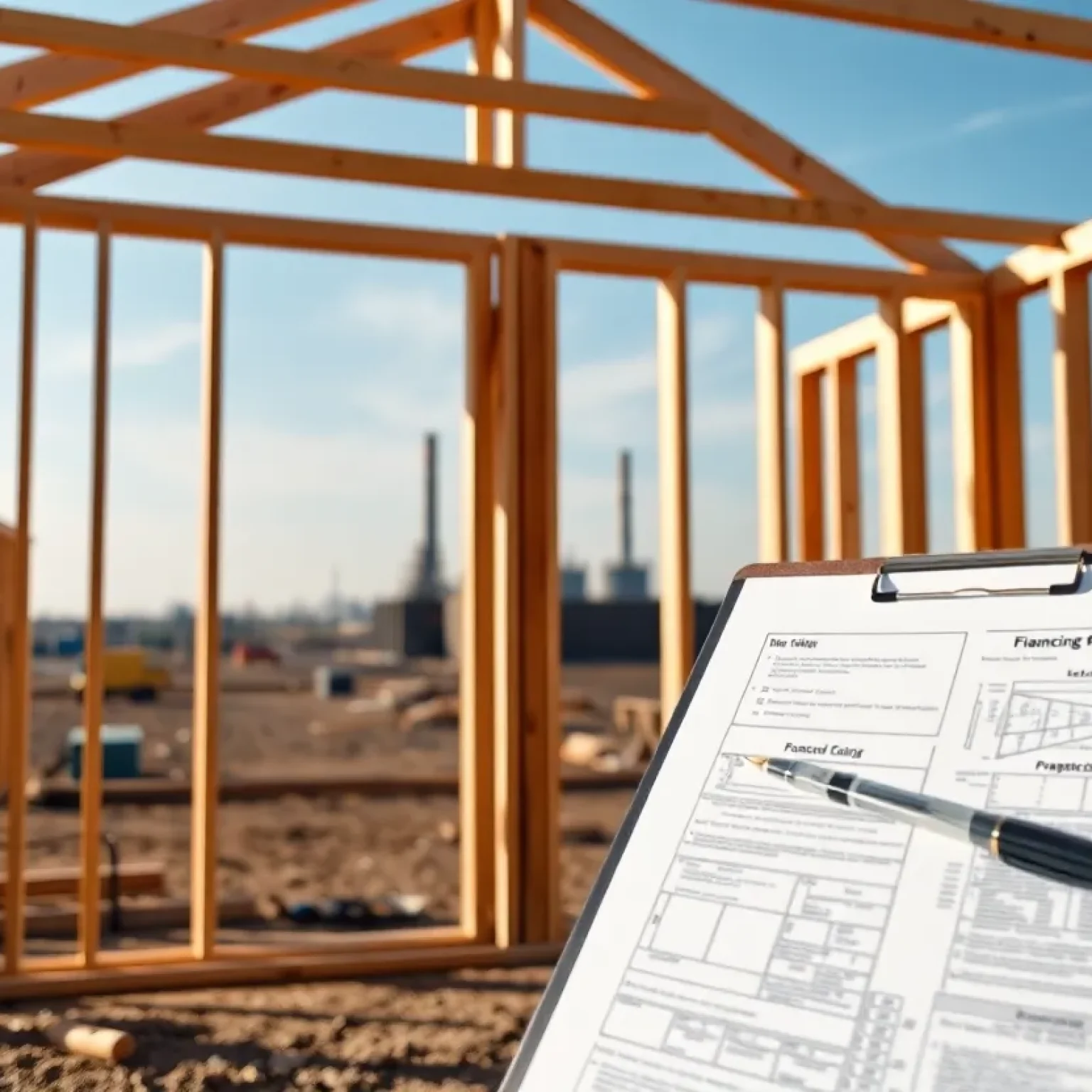New home framing at a construction site with blueprints on a clipboard in the foreground and an industrial plant visible in the distance.