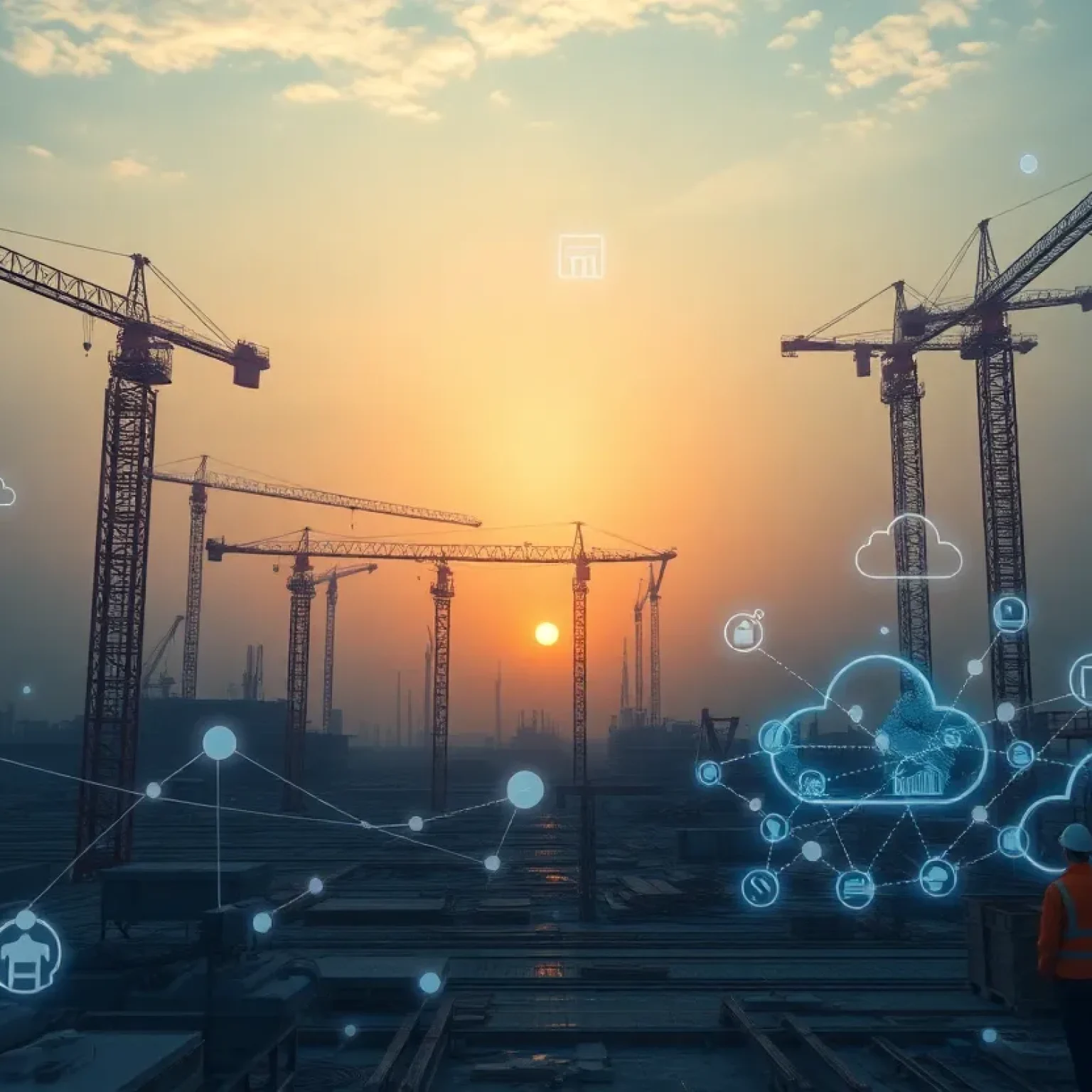 Construction site with digital overlays, cloud icons and AI data streams representing Procore and AWS collaboration