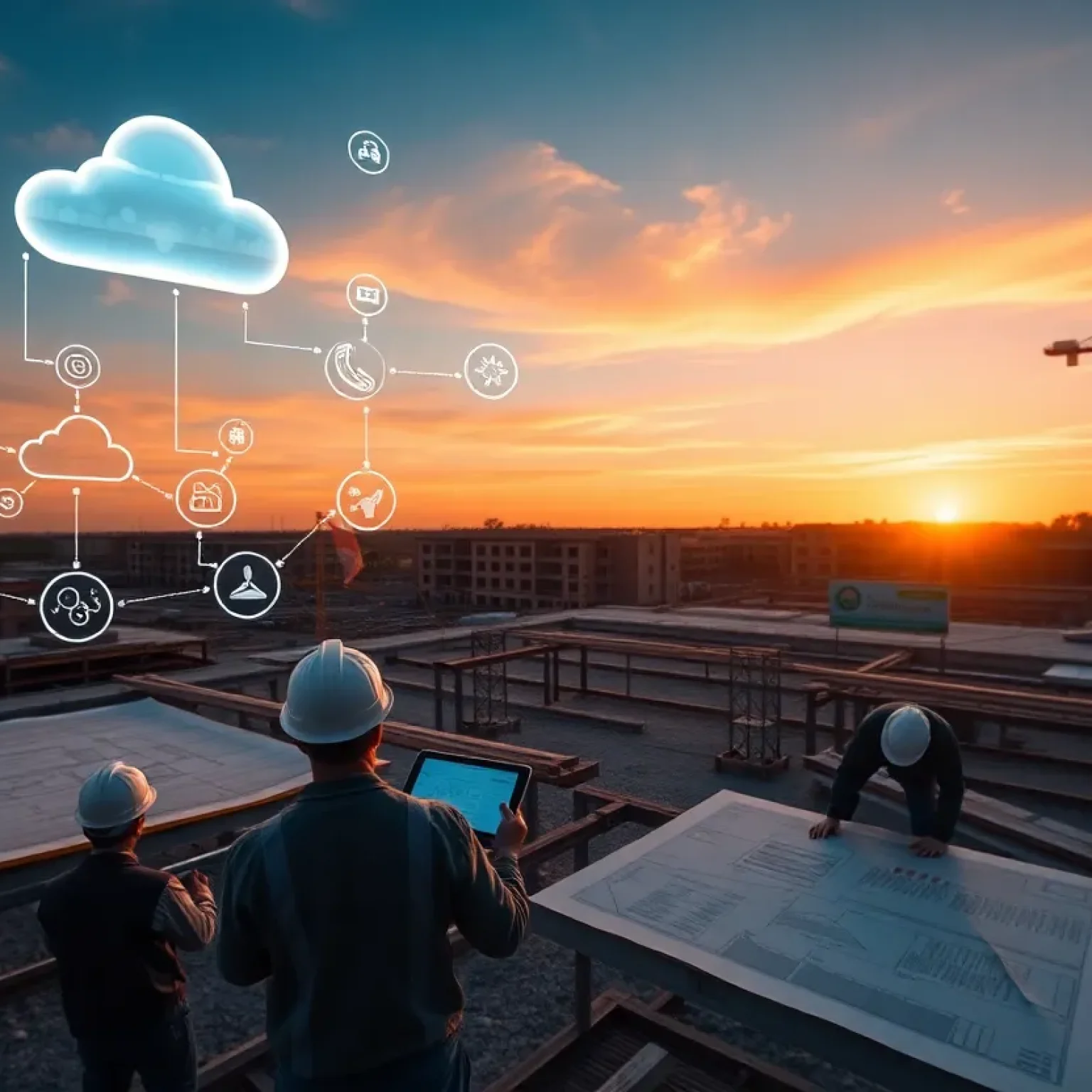 Construction site with digital cloud icons and AI overlays, workers using tablets, and a golf tournament banner in the distance