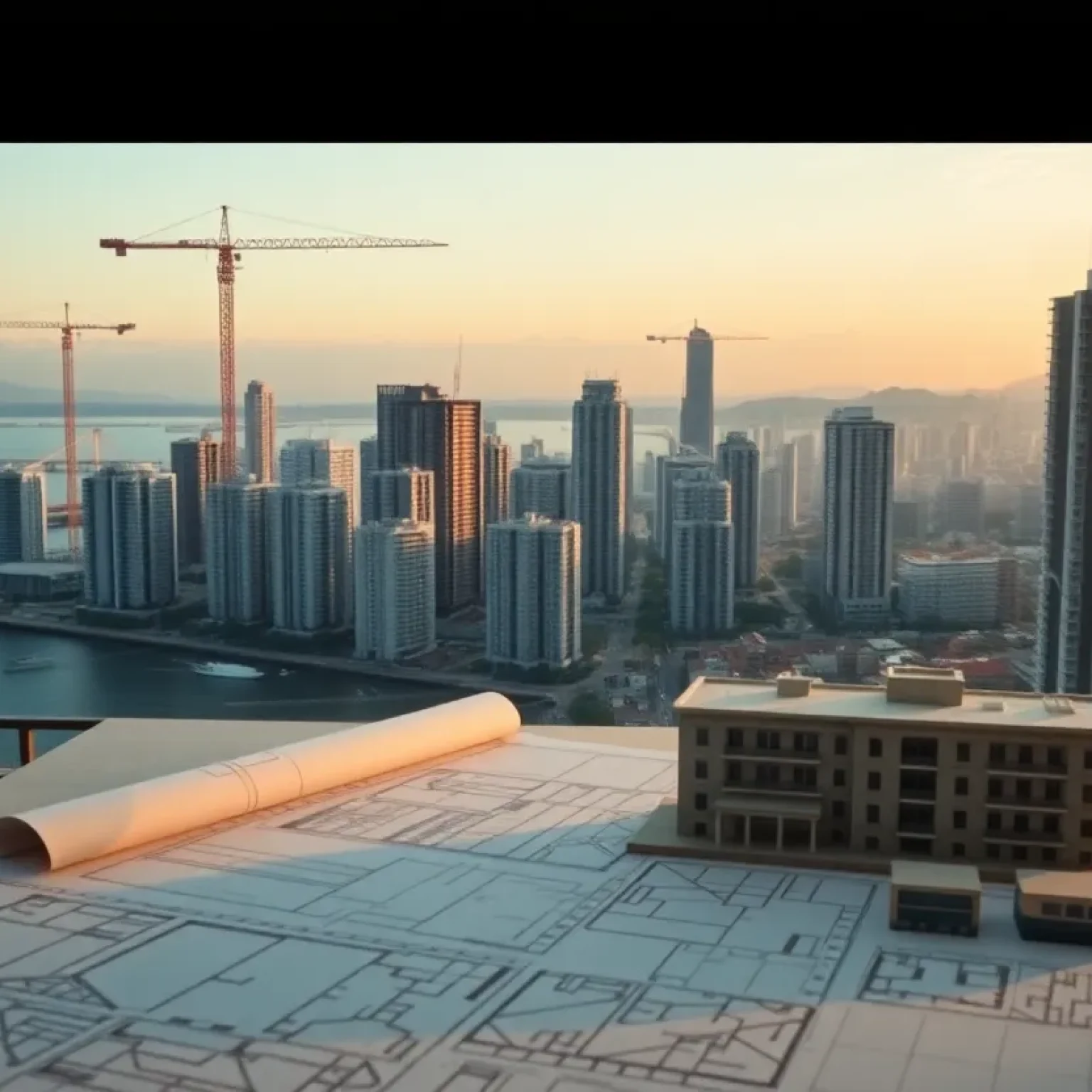 City skyline with construction cranes, mid-rise housing and blueprints symbolizing affordable housing pilot in Santa Monica