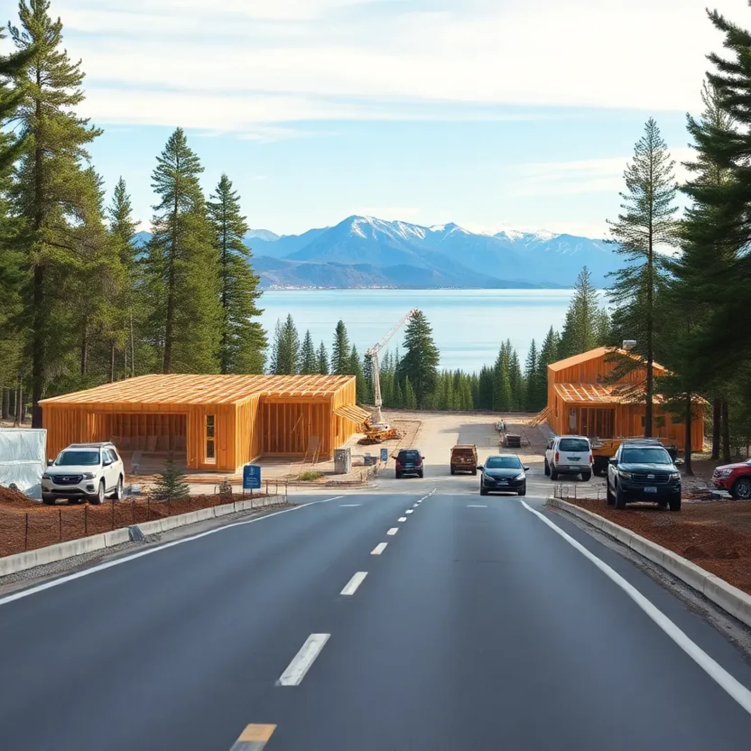 Construction site for 14 townhomes on Lake Tahoe Boulevard with mountains and lake visible in the background