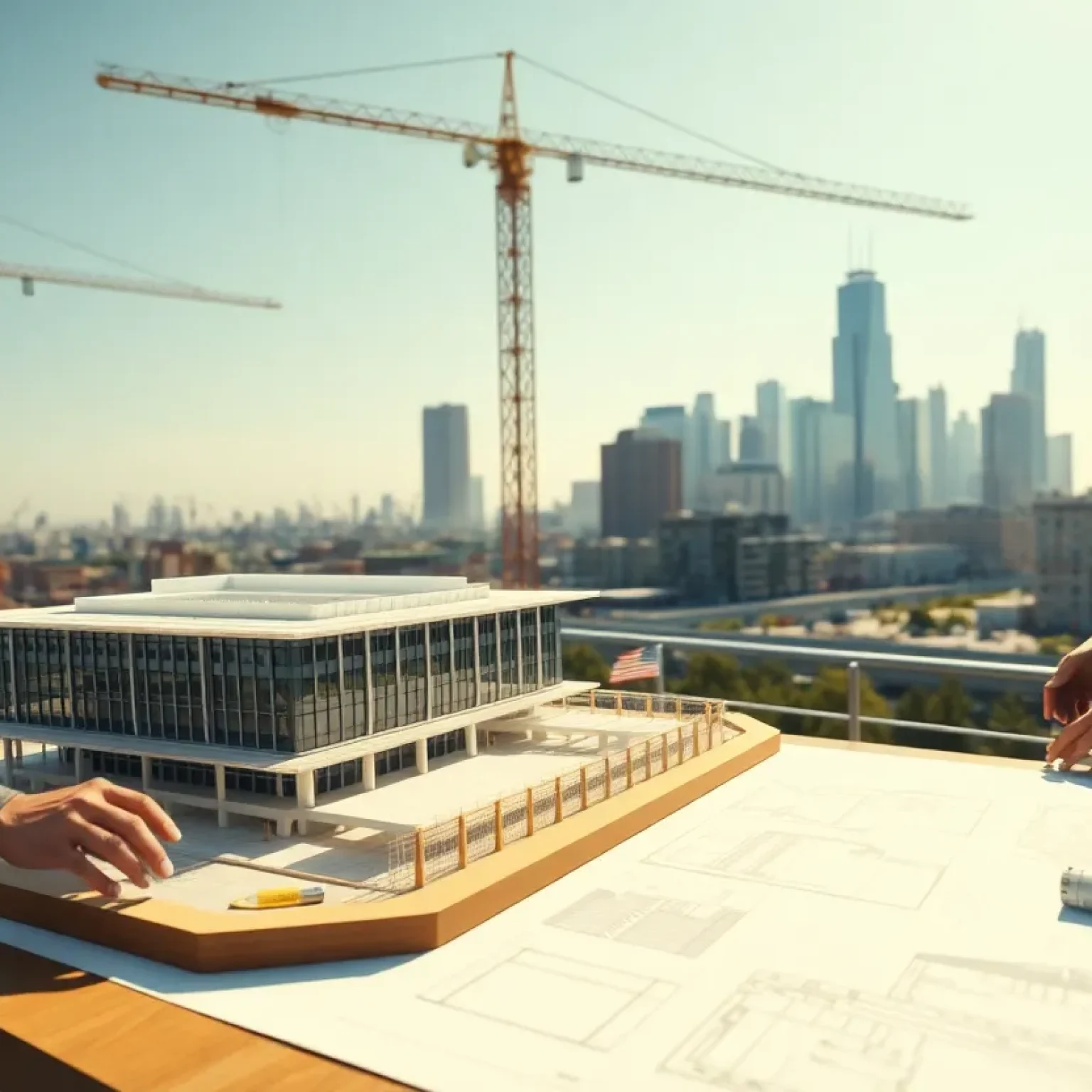 Architects reviewing convention center blueprints with downtown skyline and crane