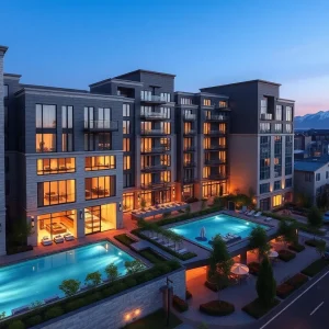 Exterior rendering of Waldorf Astoria Residences Cherry Creek with rooftop pool and mountain view