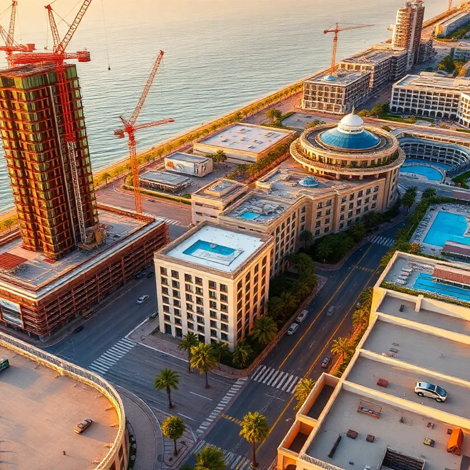 Aerial scene of mixed-use tower under construction, Mediterranean-style hotel and island-like resort with pools in West Palm Beach