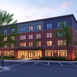 Four-story apartment building exterior with parking and an electric bicycle charging station in a small town center.
