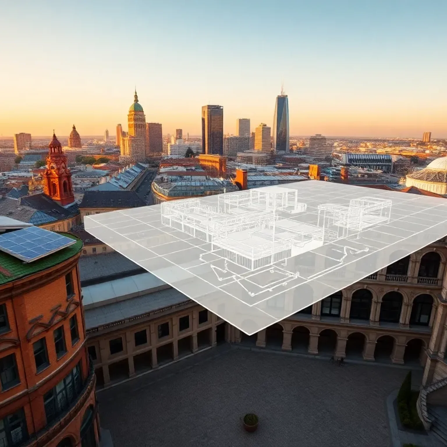 City skyline and design studio with digital building models, green roofs and a light-filled museum courtyard