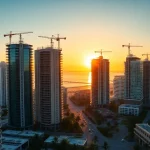 South Florida skyline with luxury towers under construction, cranes and waterfront views