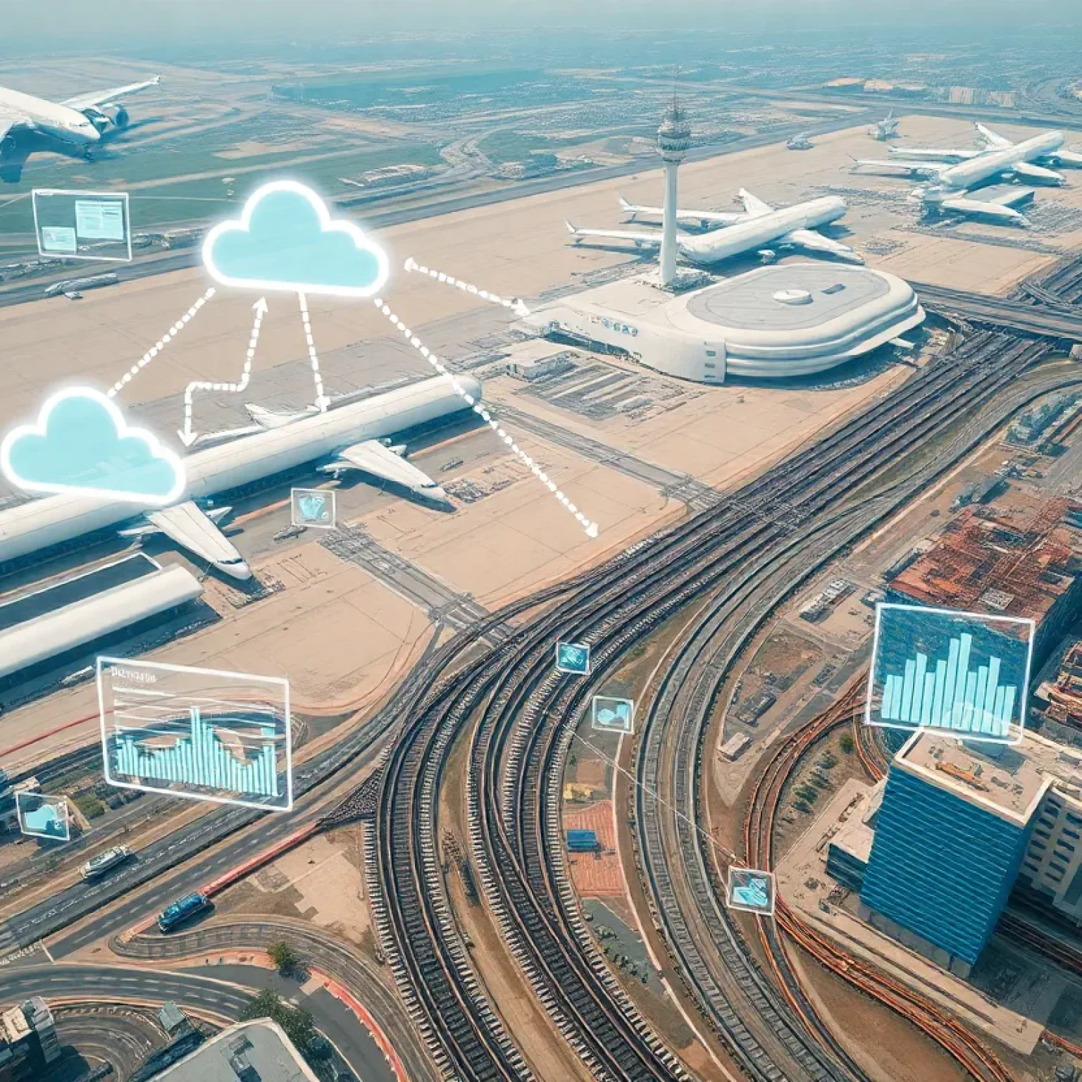 Aerial view of Melbourne airport and rail construction overlaid with cloud database and streaming data graphics