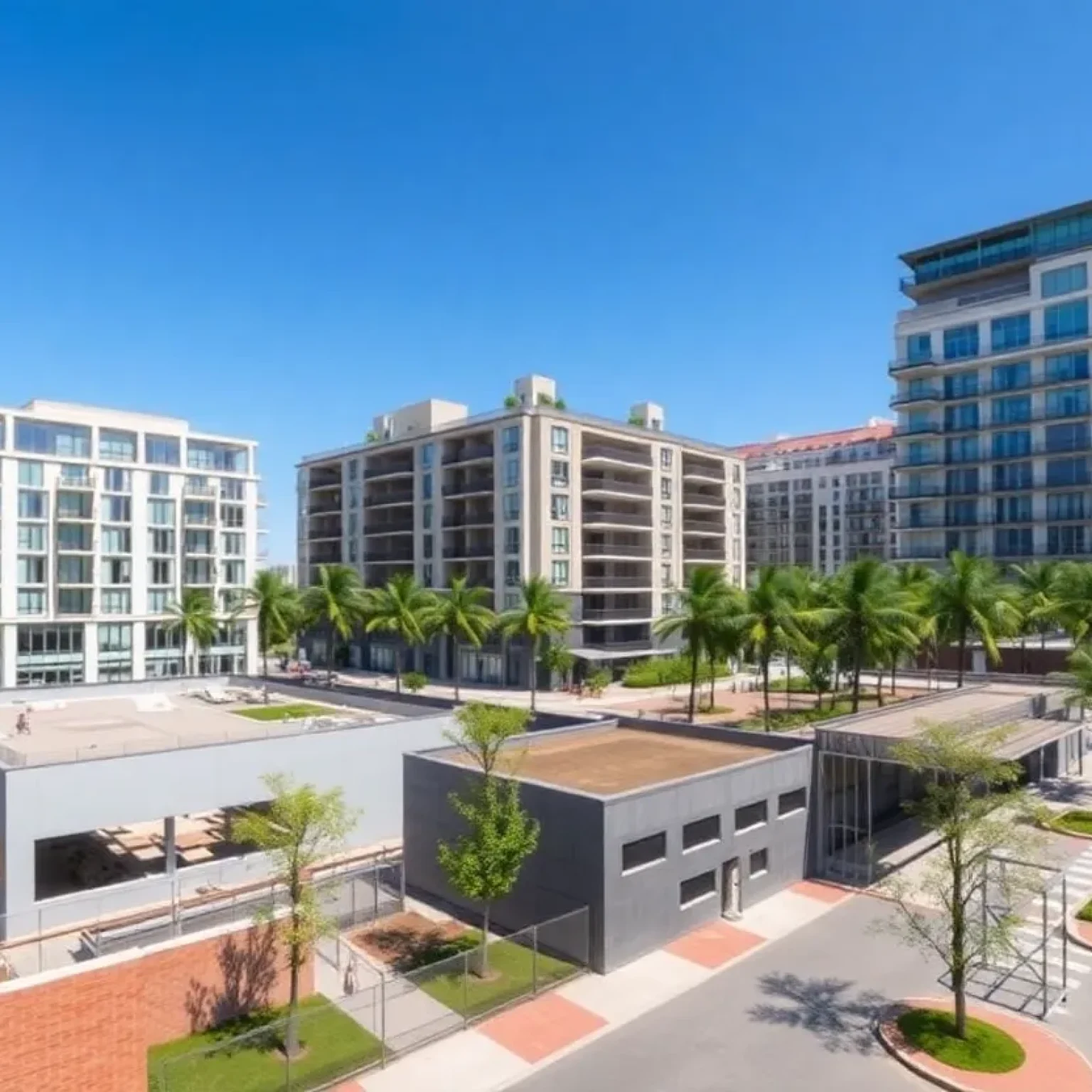 Rendering of a mid-rise apartment building with rooftop pool, public park and parking garage in downtown Boca Raton