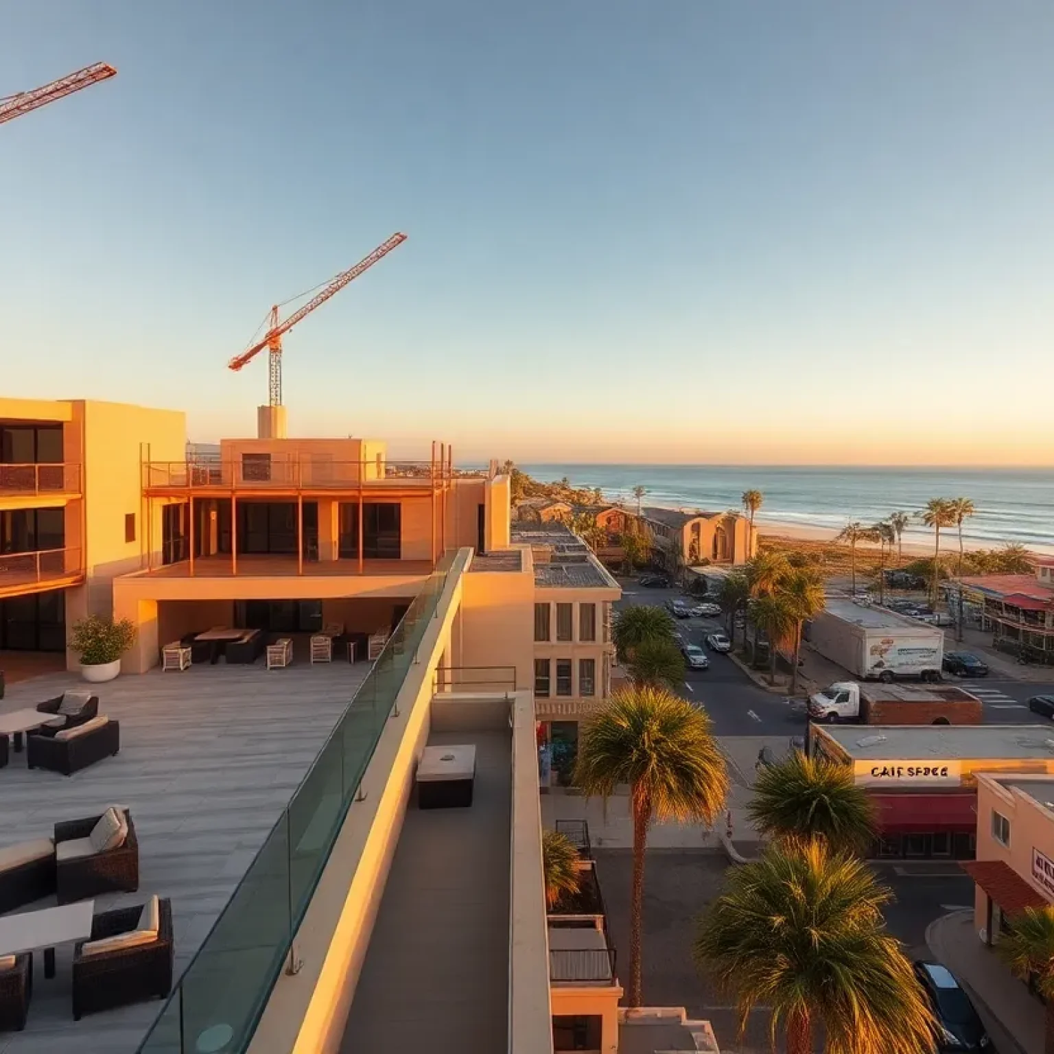 Rooftop terrace and construction cranes at a boutique hotel site on the Santa Barbara coast