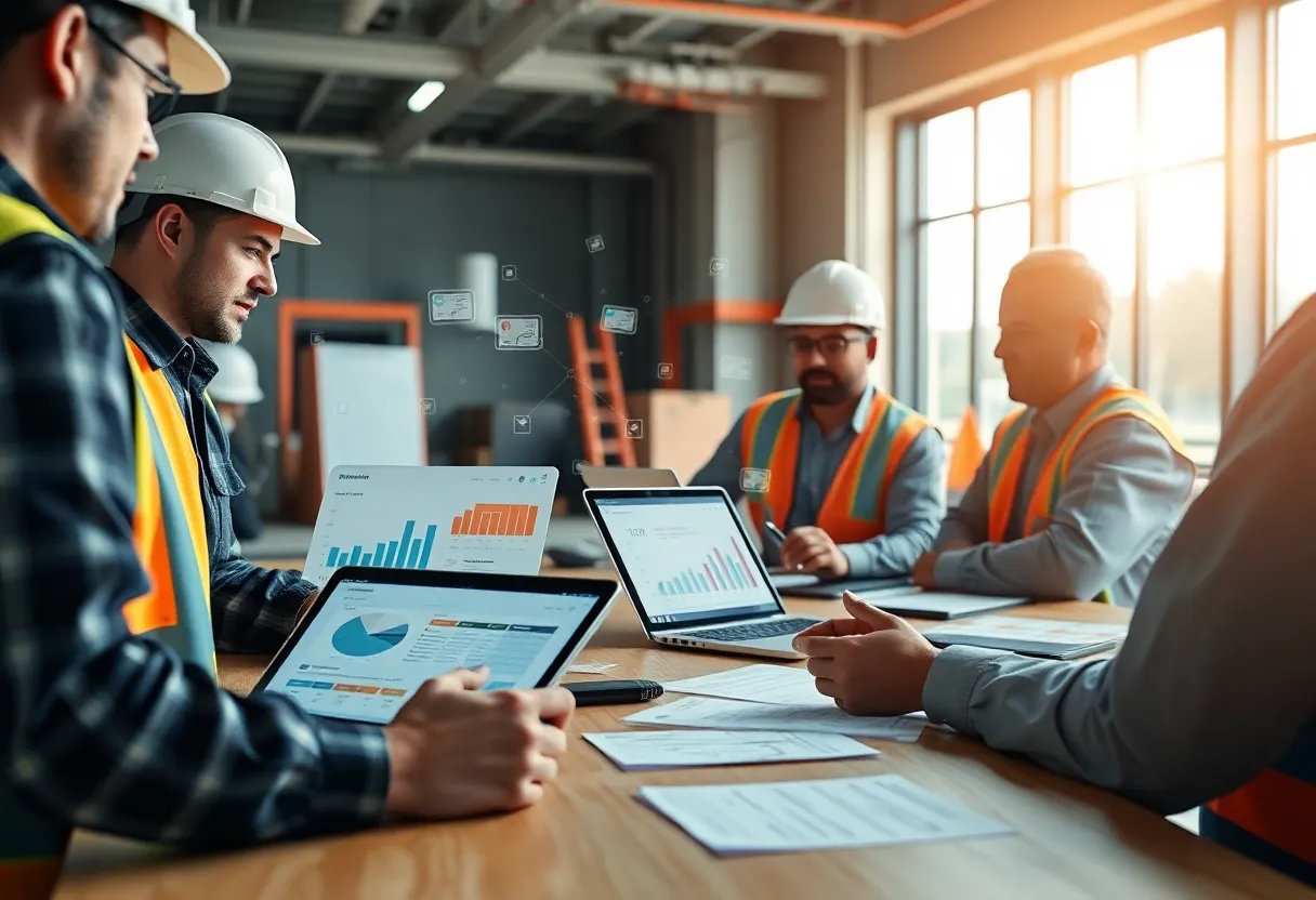 Project team viewing an expense management dashboard on tablets in a construction site office
