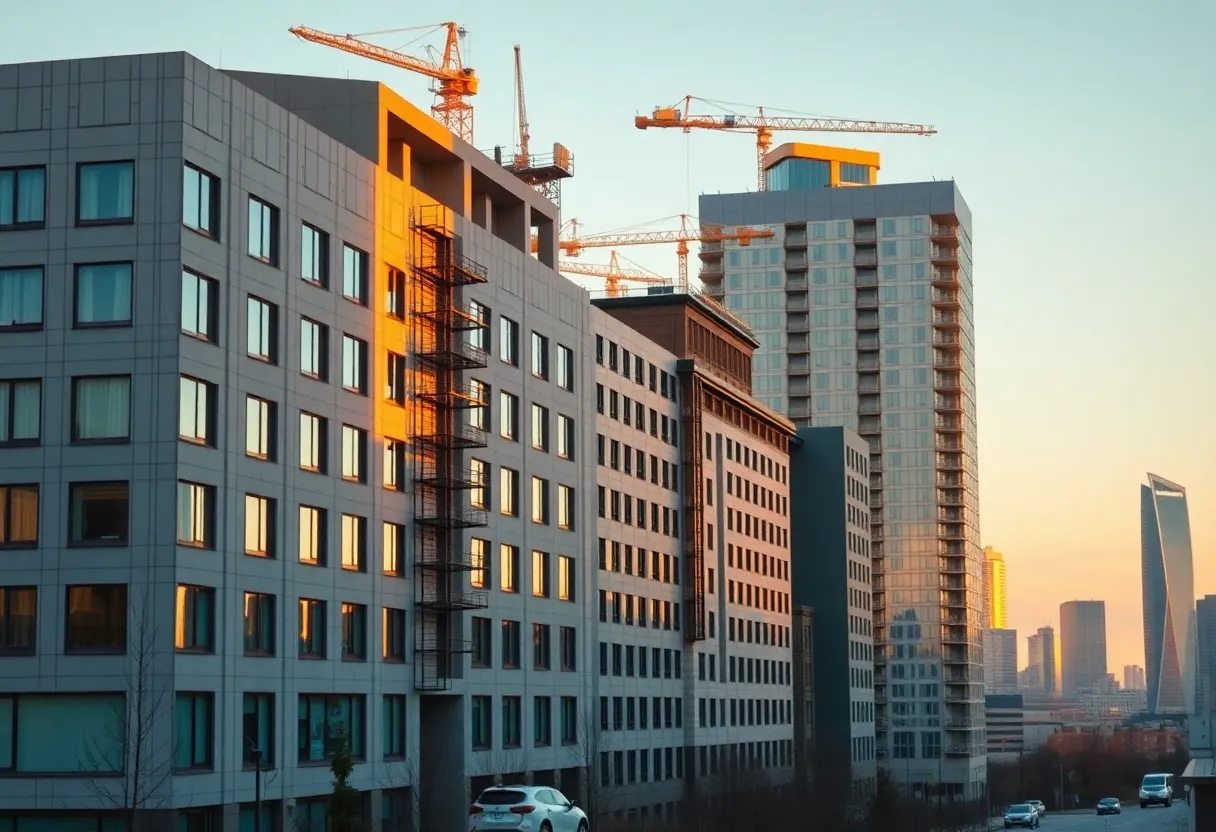 Exterior of select-service hotels with one property under renovation and a crane in the background, representing hospitality financing activity.