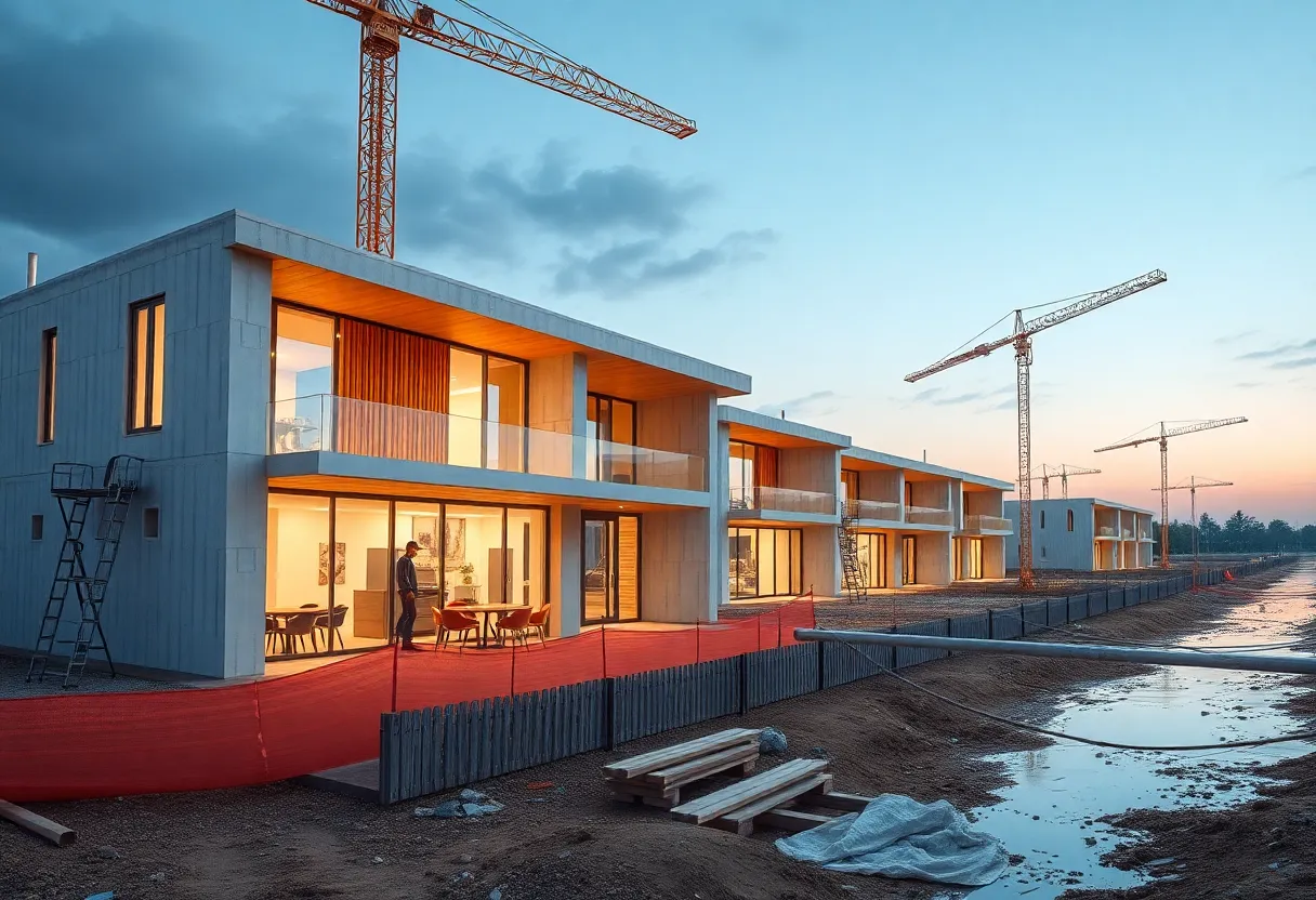 Futuristic construction site demonstrating climate resilient building practices