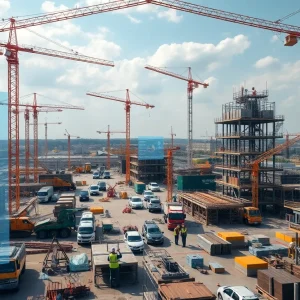 Construction site with holographic BIM overlays, drones, and workers using tablets