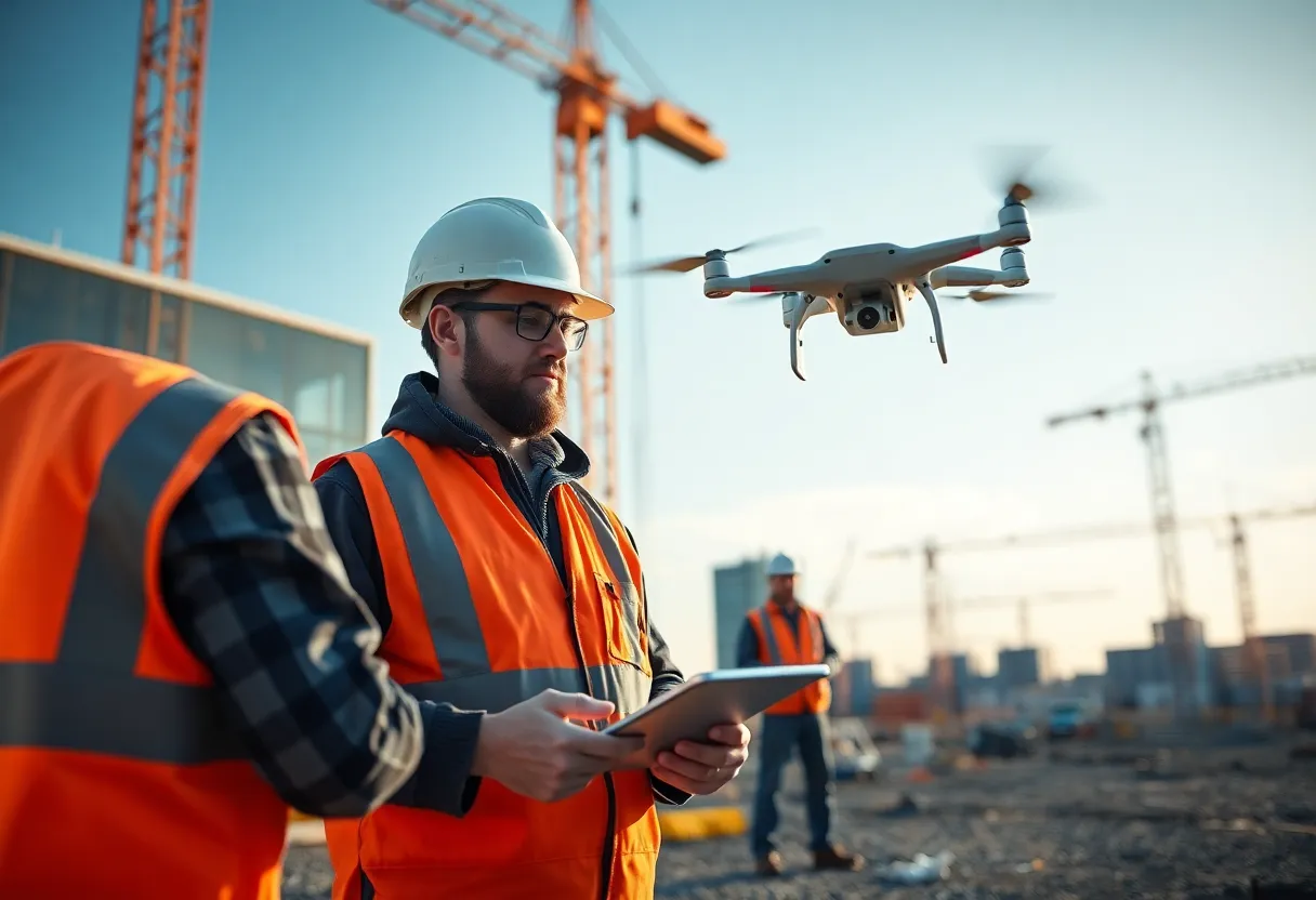 Construction site employing AI technologies with drones and advanced equipment.