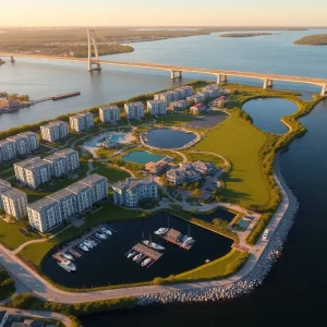 Aerial rendering of Amara Bay waterfront development with marina, apartment buildings, townhomes and boardwalk