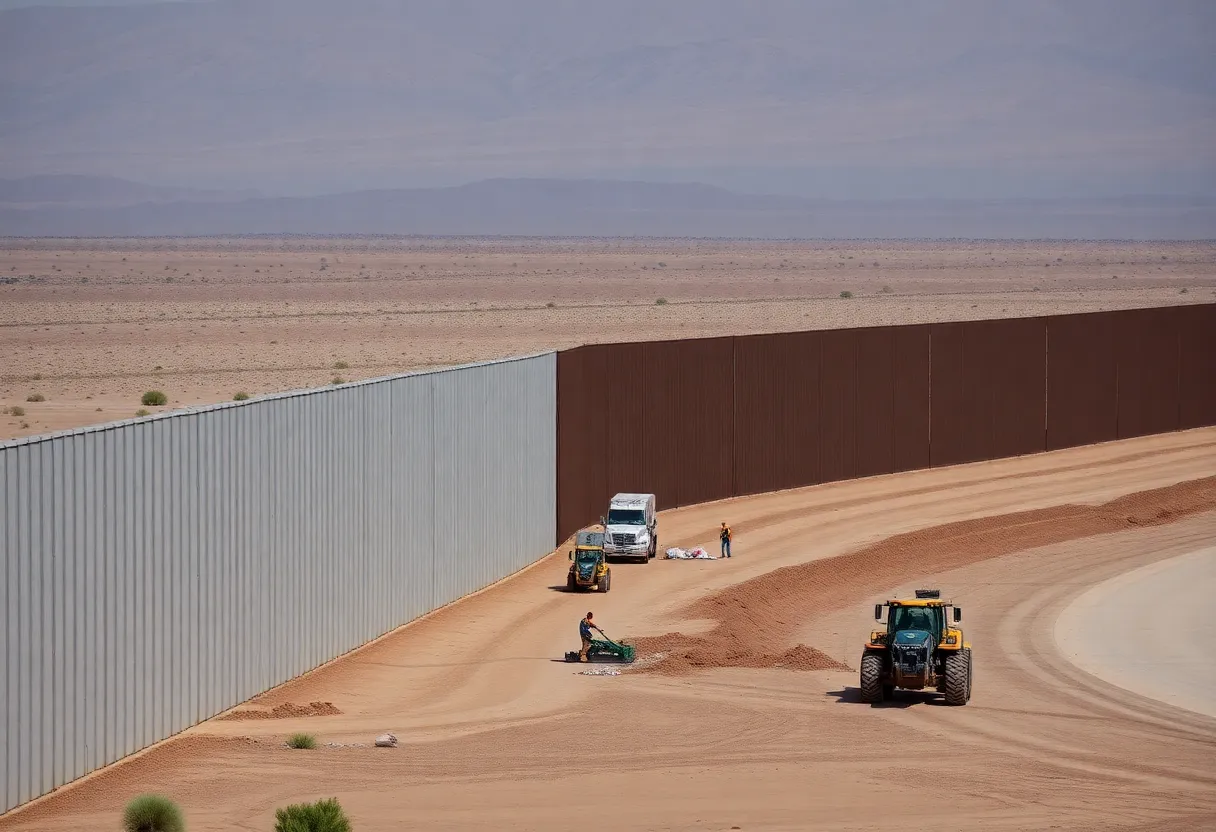 Construction of the border wall in Arizona with heavy machinery.