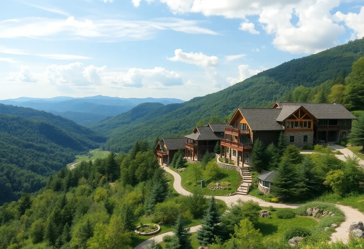 Eco-resort construction in Asheville with mountains in the background