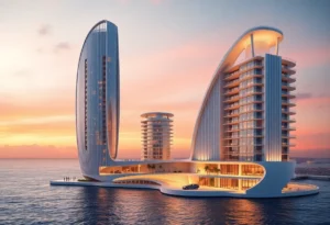 Luxury high-rise building inspired by automotive themes.