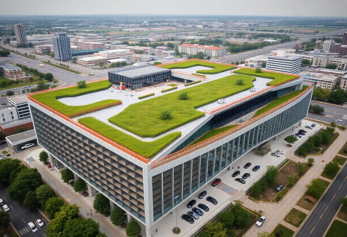 Under construction Atlanta convention center with green roofs