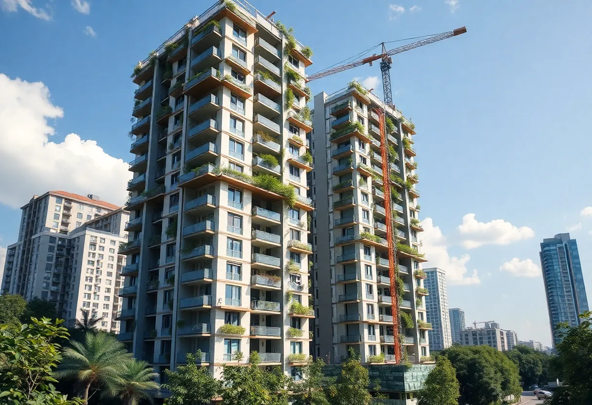 Construction site of a high-rise residential complex in Atlanta with green energy features.