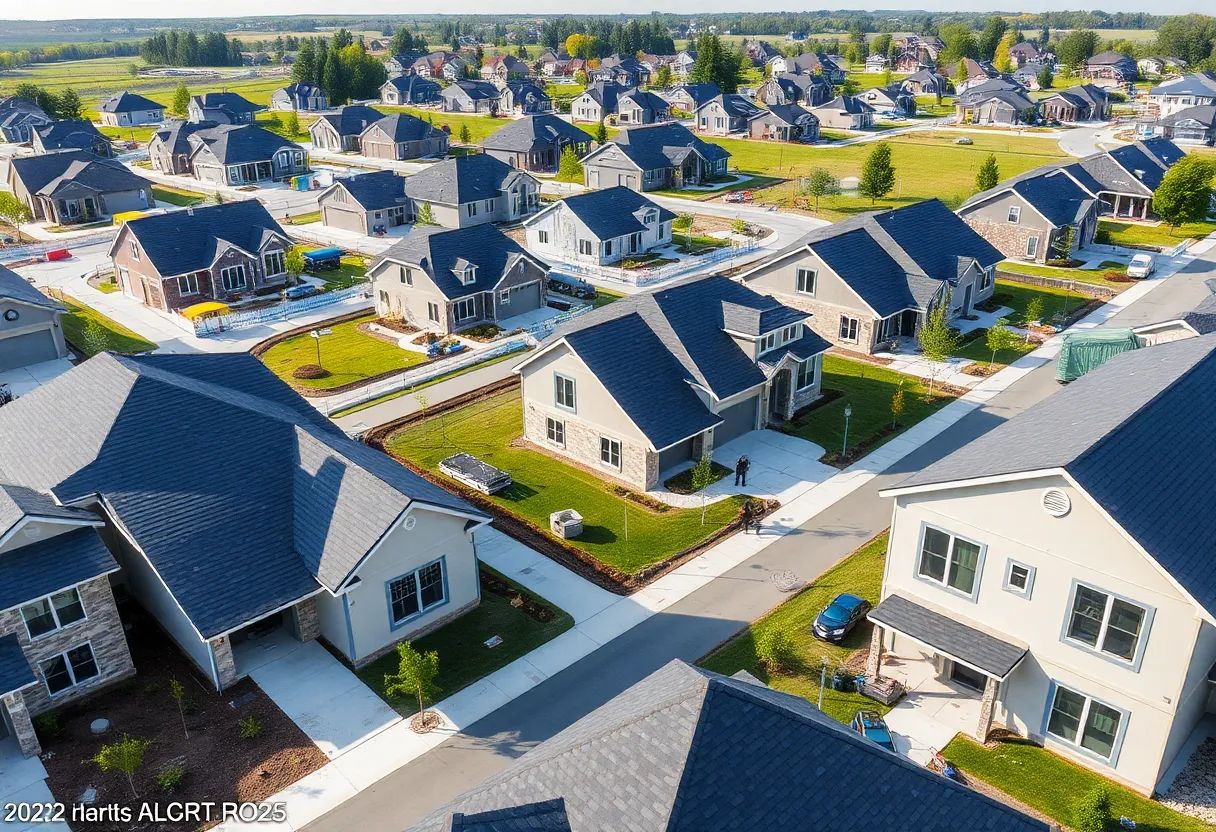 New suburban homes being built in Atlanta with construction workers.