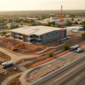 Aerial view of construction site with cranes, a partially built school, roadwork and heavy equipment in Baton Rouge