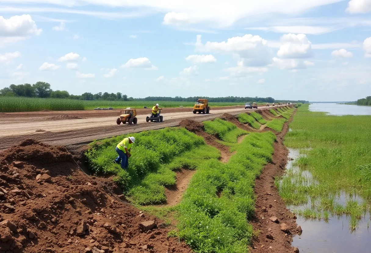 Engineers working on levee construction with bioengineered banks