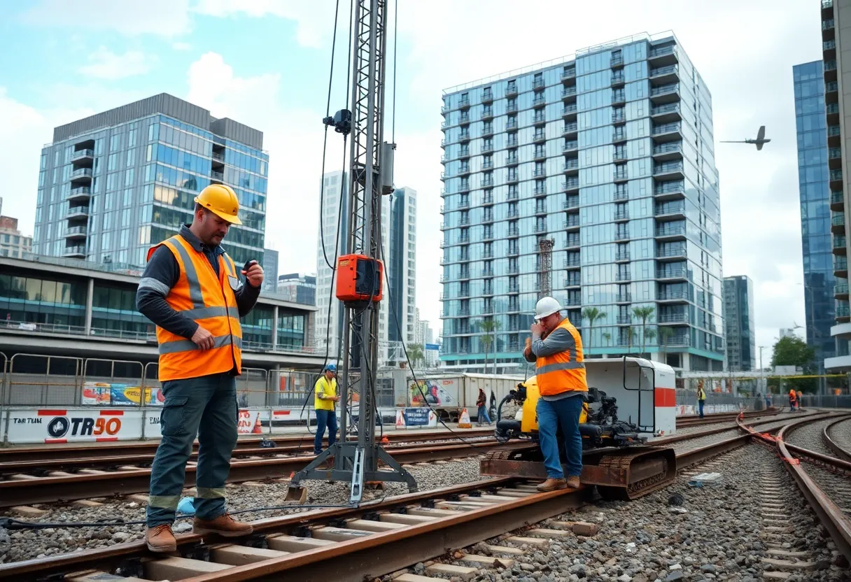 Workers at the Bham Rail Link construction site using laser-guided drills in downtown Birmingham.