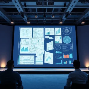 Digital construction blueprint with AI overlays and software integration icons