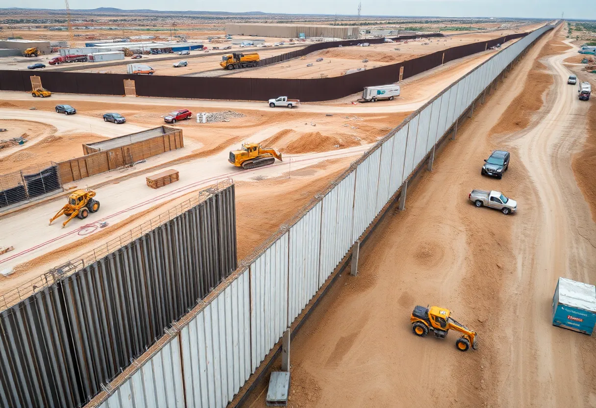 Aerial view of a border wall construction site with machinery