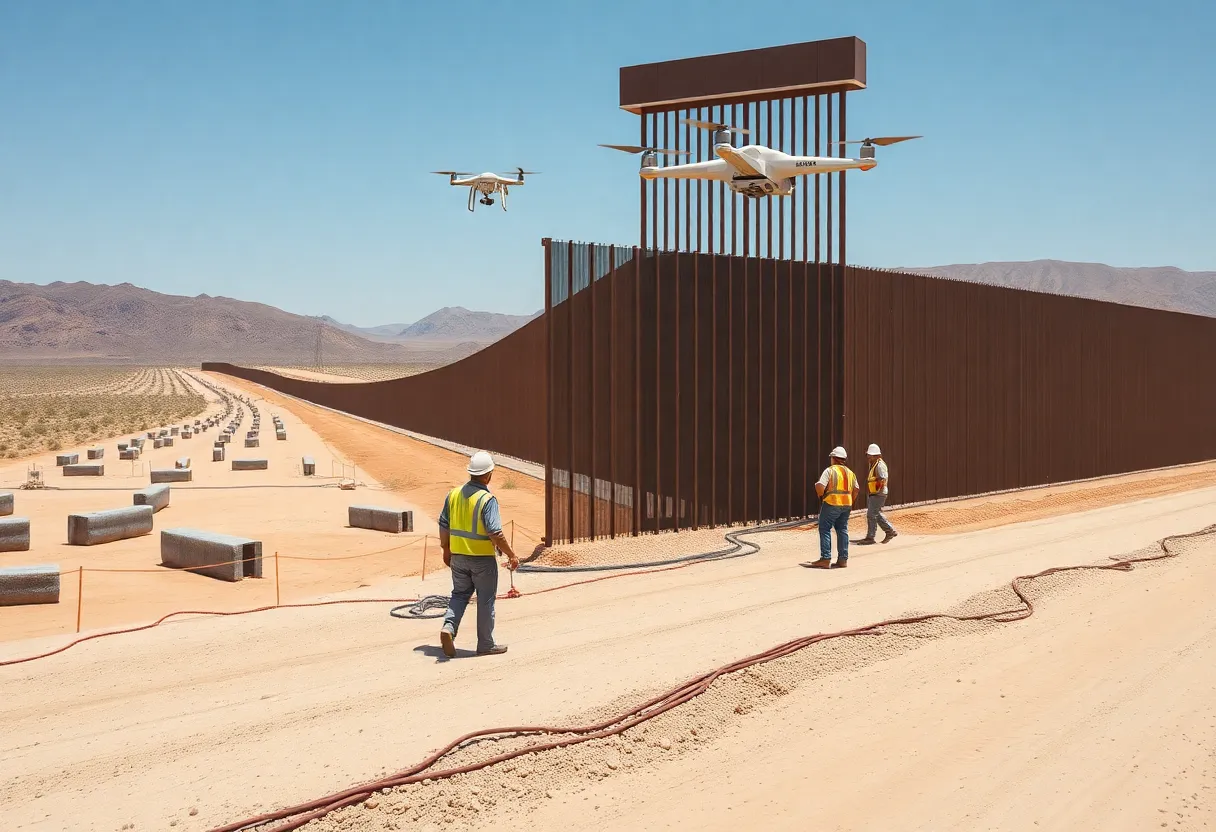 Construction of the border wall with flood barriers and sensors near Yuma, Arizona.