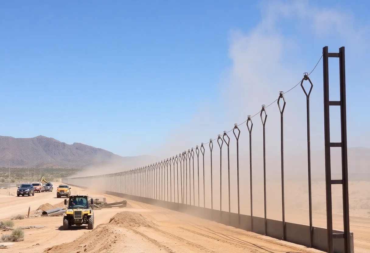 Workers constructing a border wall segment in Tucson, Arizona