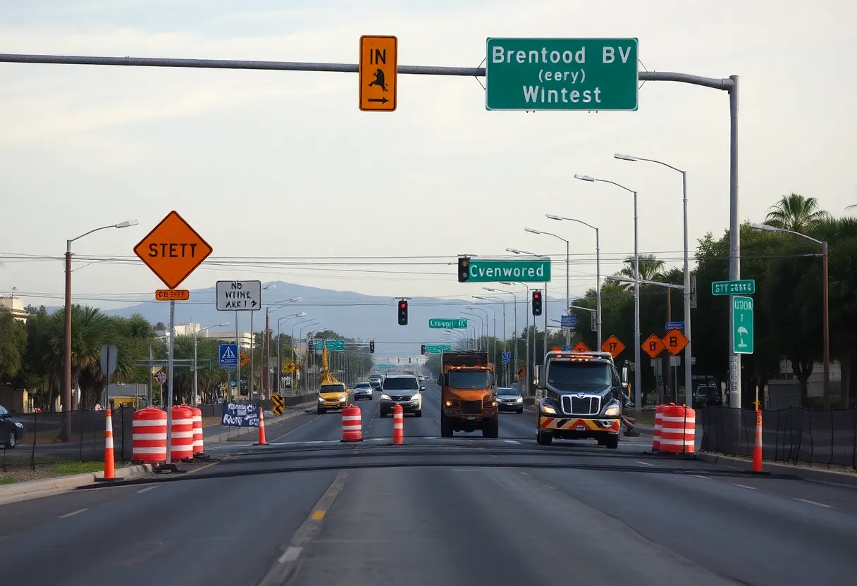 Construction crews working on pavement overlays on Brentwood Boulevard