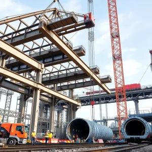 Construction site of the Brightline West rail extension with steel work and tunneling activities.