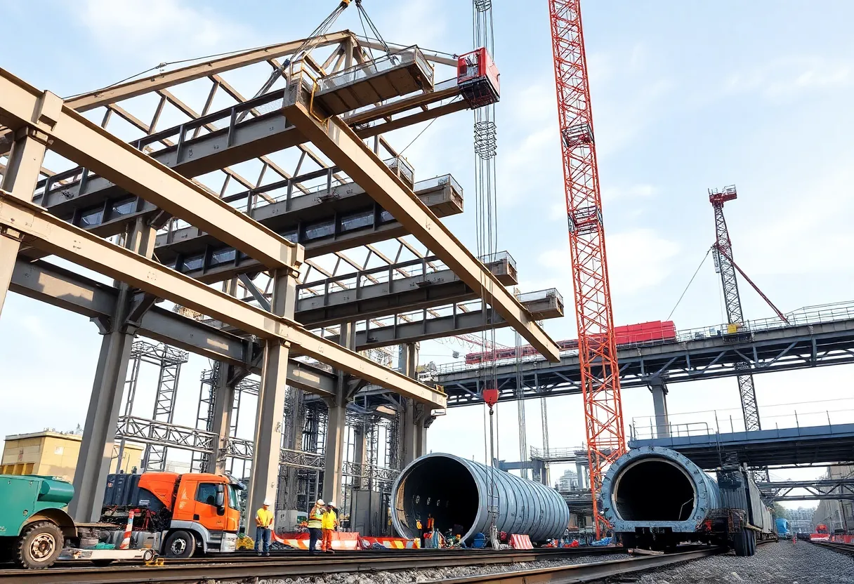 Construction site of the Brightline West rail extension with steel work and tunneling activities.