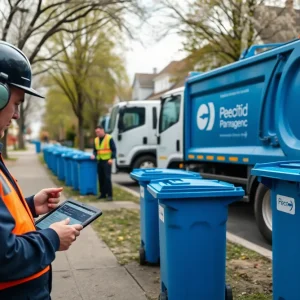 Field technicians using tablets near waste trucks and blue recycling carts on a Calgary street