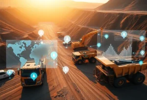 Open-pit mine with heavy equipment and translucent digital overlays representing fleet and asset management software