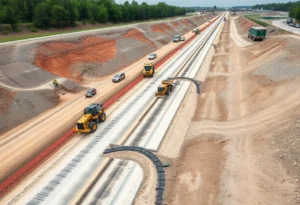 Construction workers grading the Central Polk Parkway