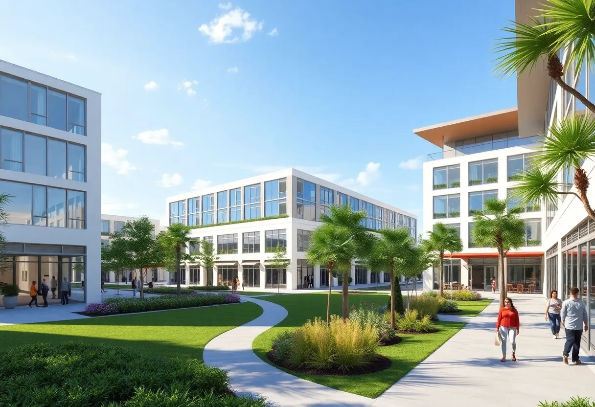 Rendering of a new commercial complex in Charleston, highlighting green design and sustainable architecture.