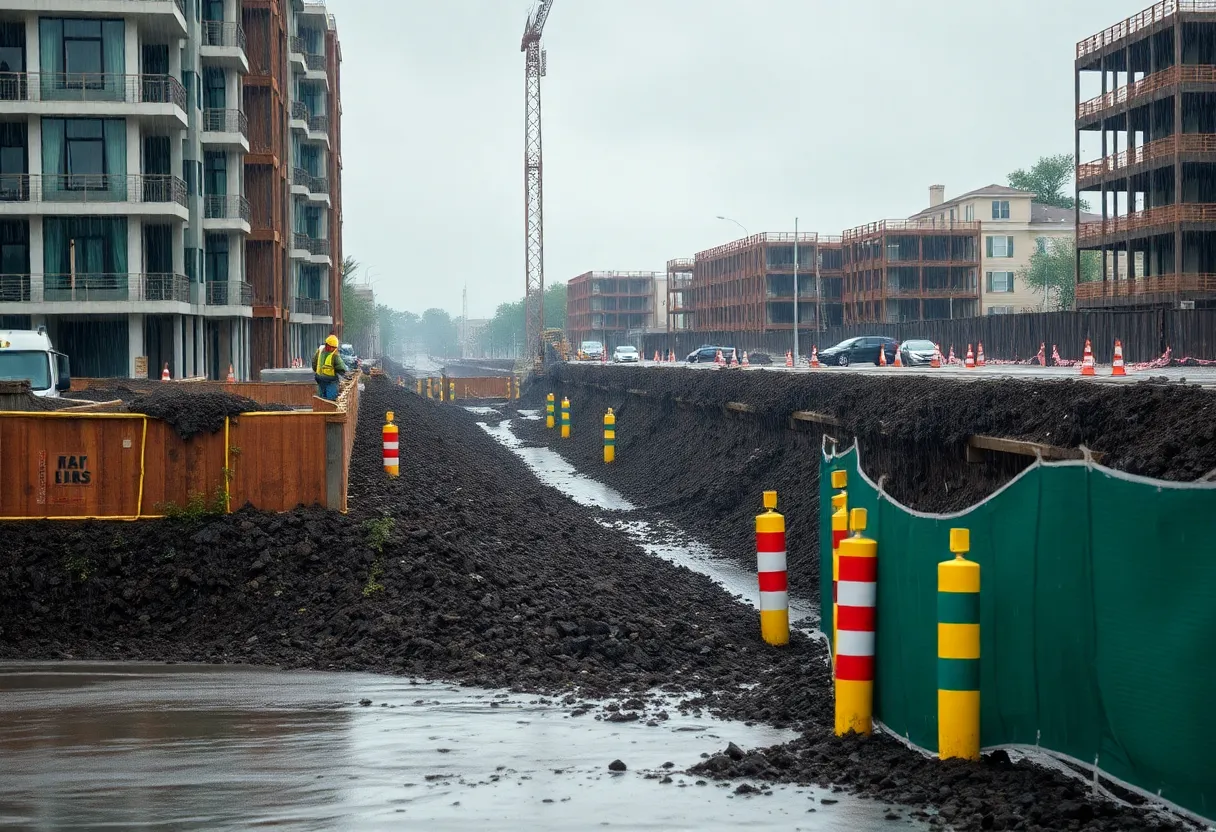 Coastal construction site in Charleston disrupted by heavy rain from a nor'easter