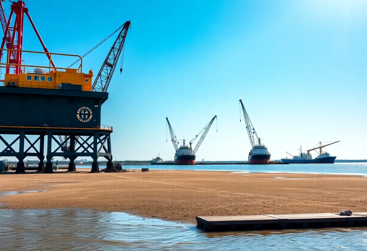 Dredging activities in Charleston Harbor with cranes and ships